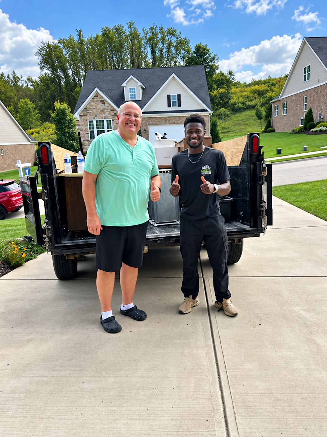 Paul's Junk Removal and Demo team smiling beside their trailer